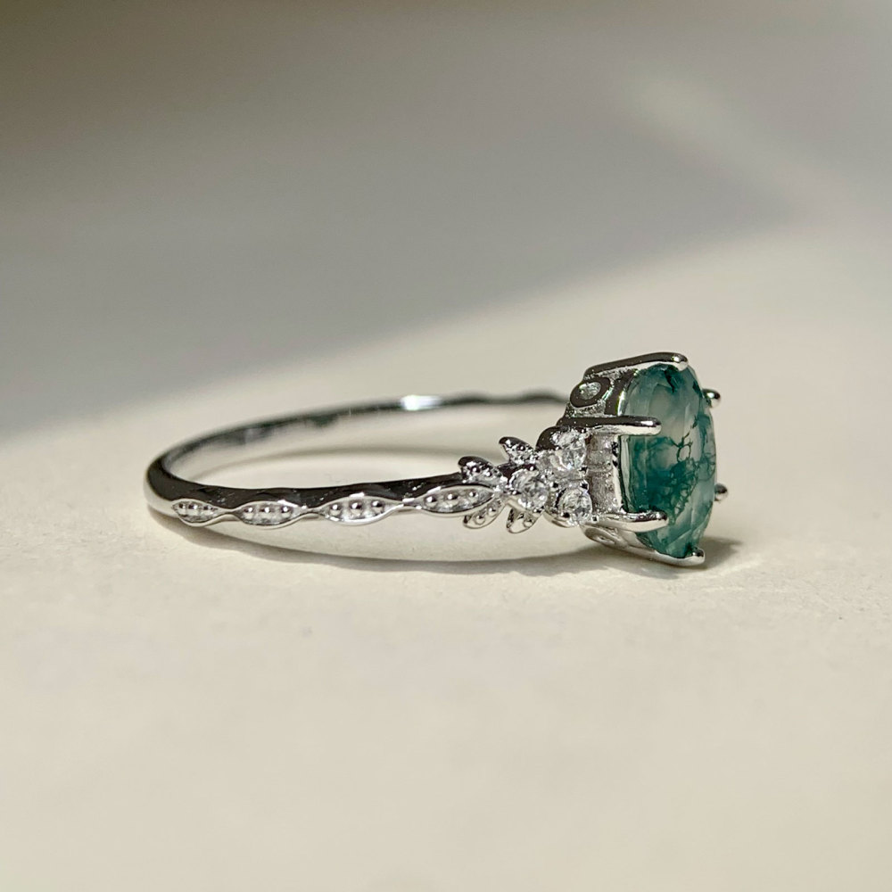 Round Moss Agate Engagement Ring Vintage Gold Gemstone Promise Rings Wedding Anniversary Natural Unique Jewelry Gift for Women