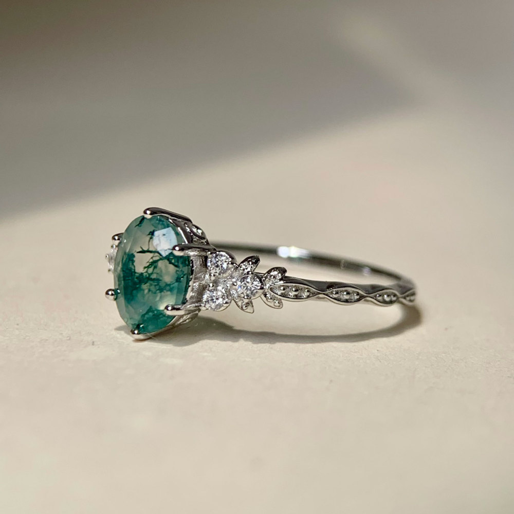 Round Moss Agate Engagement Ring Vintage Gold Gemstone Promise Rings Wedding Anniversary Natural Unique Jewelry Gift for Women