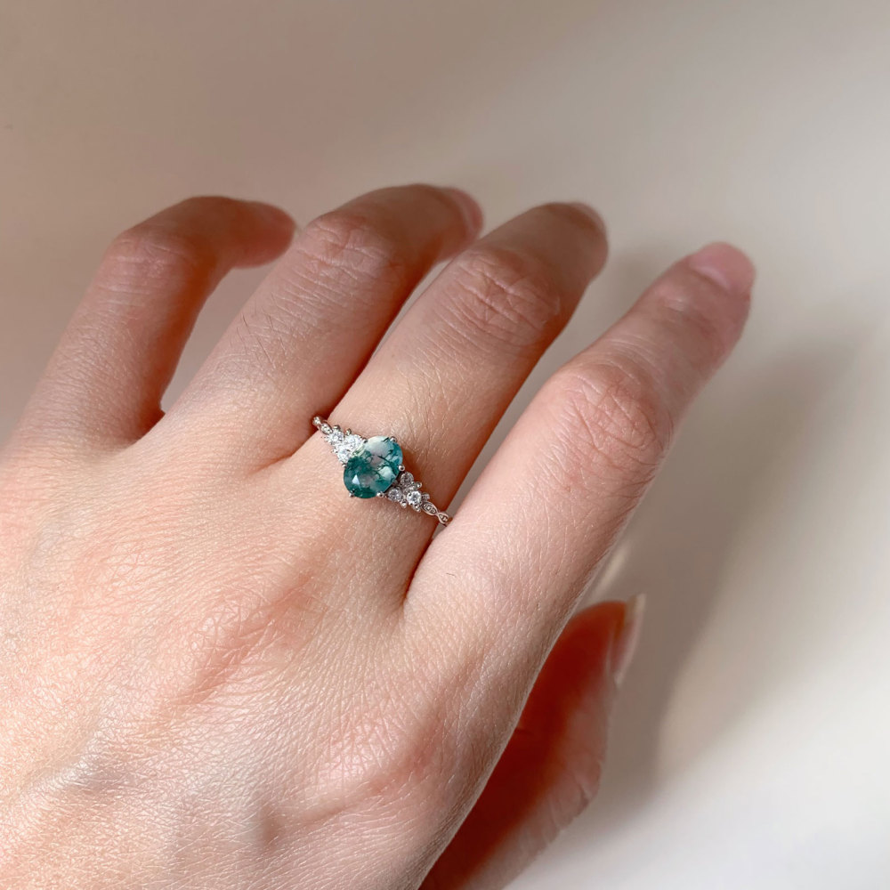Round Moss Agate Engagement Ring Vintage Gold Gemstone Promise Rings Wedding Anniversary Natural Unique Jewelry Gift for Women