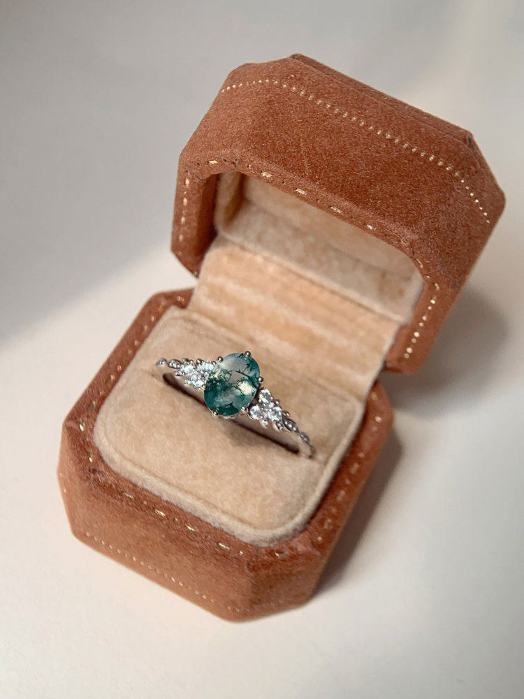 Round Moss Agate Engagement Ring Vintage Gold Gemstone Promise Rings Wedding Anniversary Natural Unique Jewelry Gift for Women
