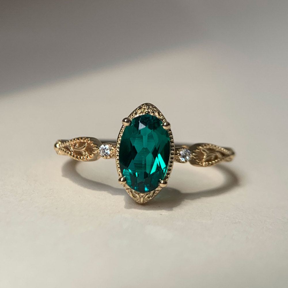 Emerald Ring Gold Dainty May Birthstone Rings Dainty Vintage Marquise Green Gemstone Sterling Silver Promise Wedding Anniversary Jewelry