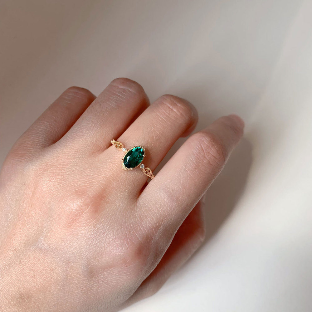 Emerald Ring Gold Dainty May Birthstone Rings Dainty Vintage Marquise Green Gemstone Sterling Silver Promise Wedding Anniversary Jewelry
