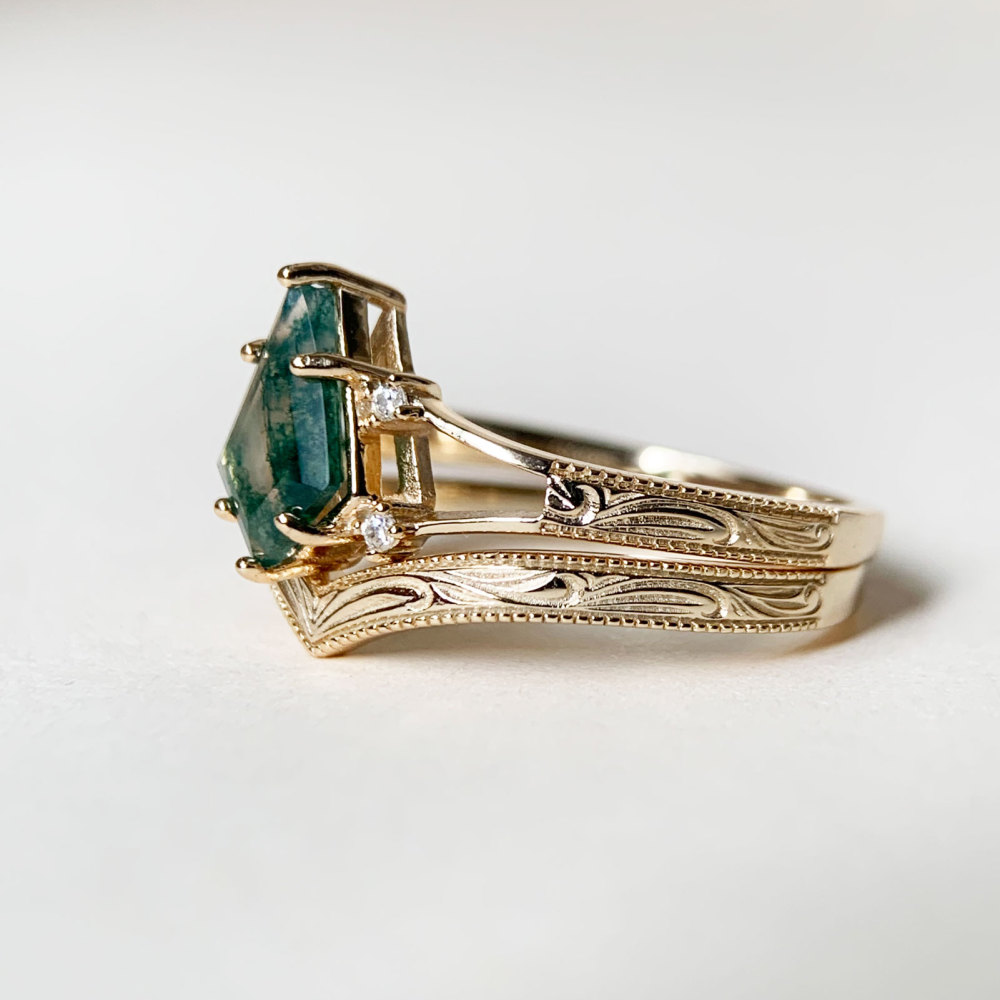 Natural Moss Agate Engagement Ring Set Gold Vintage Promise Rings Unique Kite Cut Gemstone Anniversary Jewelry gift for Women
