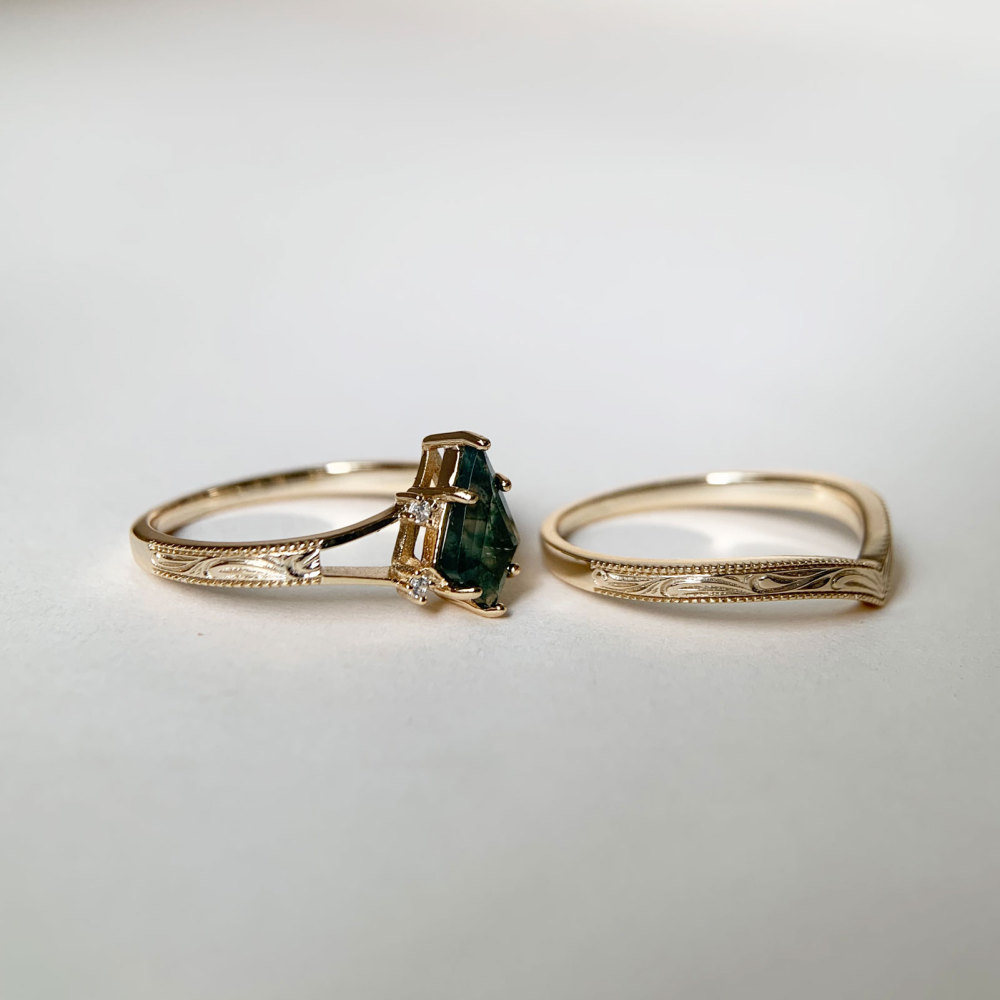 Natural Moss Agate Engagement Ring Set Gold Vintage Promise Rings Unique Kite Cut Gemstone Anniversary Jewelry gift for Women