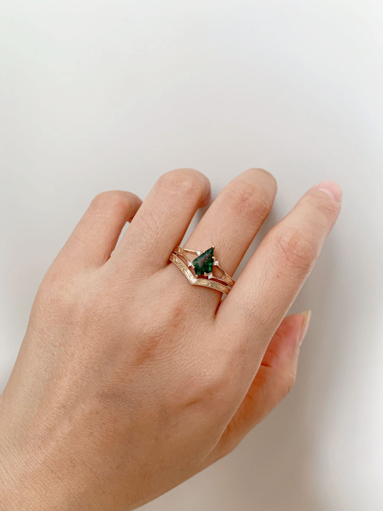Natural Moss Agate Engagement Ring Set Gold Vintage Promise Rings Unique Kite Cut Gemstone Anniversary Jewelry gift for Women