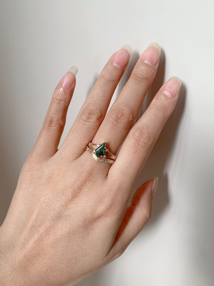 Natural Moss Agate Engagement Ring Set Gold Vintage Promise Rings Unique Kite Cut Gemstone Anniversary Jewelry gift for Women