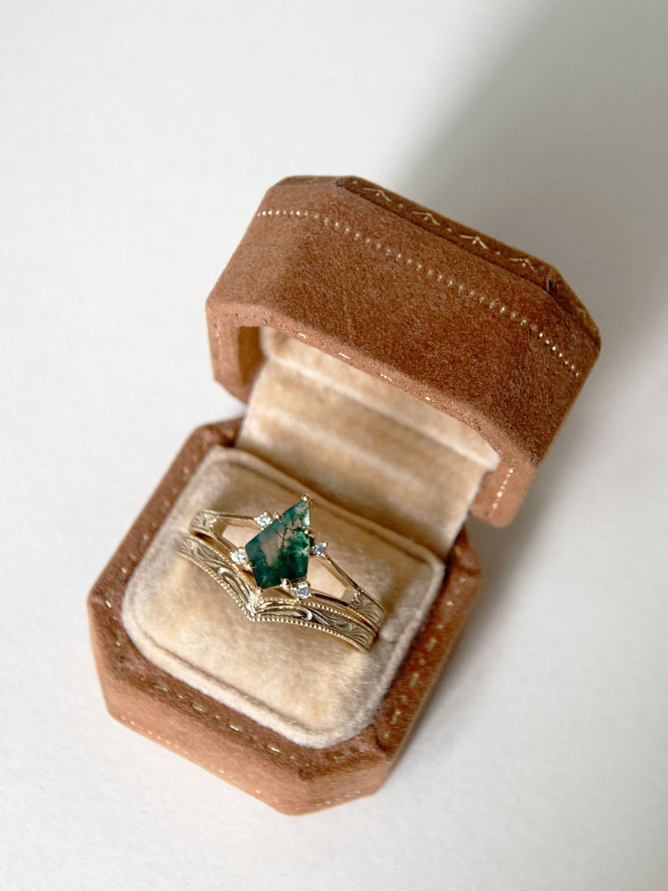 Natural Moss Agate Engagement Ring Set Gold Vintage Promise Rings Unique Kite Cut Gemstone Anniversary Jewelry gift for Women