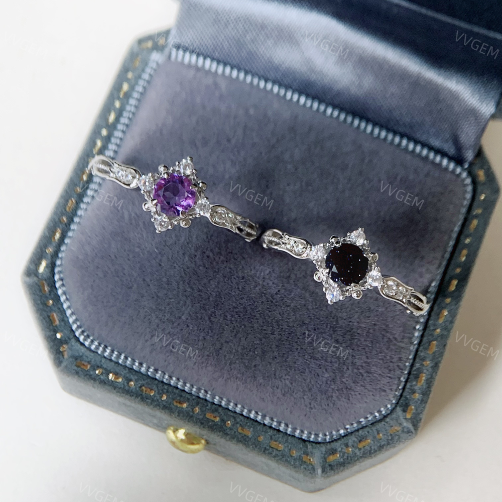 Blue Sandstone Promise Ring Sterling Silver Amethyst Wedding Rings Vintage CZ Halo Ring for Women February Birthstone Anniversary Jewelry 10k 14k 18k Solid Gold Christmas Gift