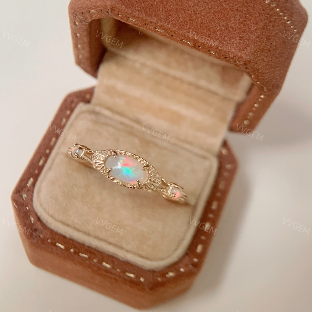 Vintage Opal Engagement Ring, Gold Plated Opal Ring, Three Stone Fire Opal Ring, Dainty Opal Band Ring, Oval October Birthstone Ring 10K 14K 18K Solid Gold