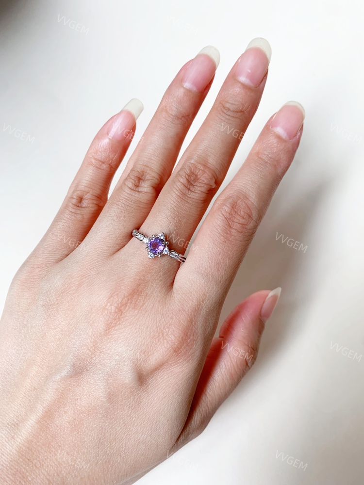 Blue Sandstone Promise Ring Sterling Silver Amethyst Wedding Rings Vintage CZ Halo Ring for Women February Birthstone Anniversary Jewelry 10k 14k 18k Solid Gold Christmas Gift