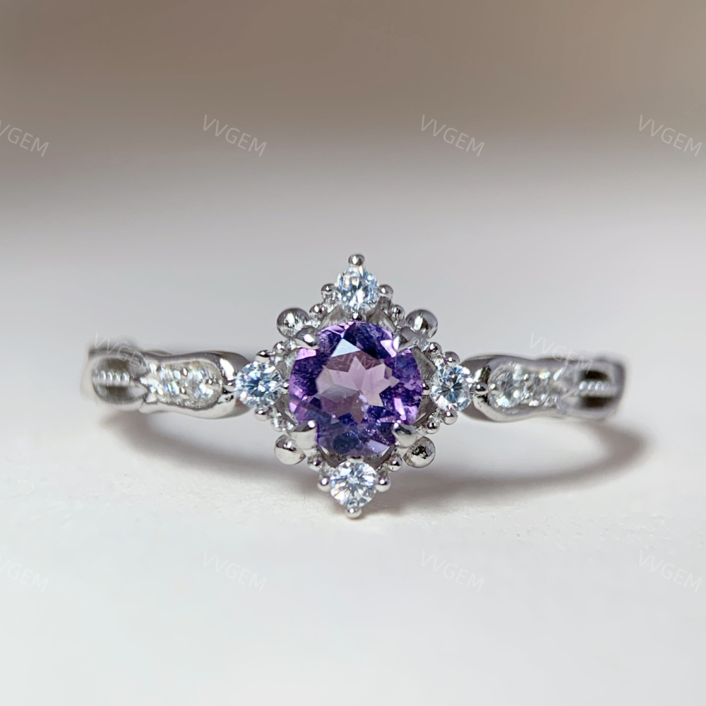 Blue Sandstone Promise Ring Sterling Silver Amethyst Wedding Rings Vintage CZ Halo Ring for Women February Birthstone Anniversary Jewelry 10k 14k 18k Solid Gold Christmas Gift