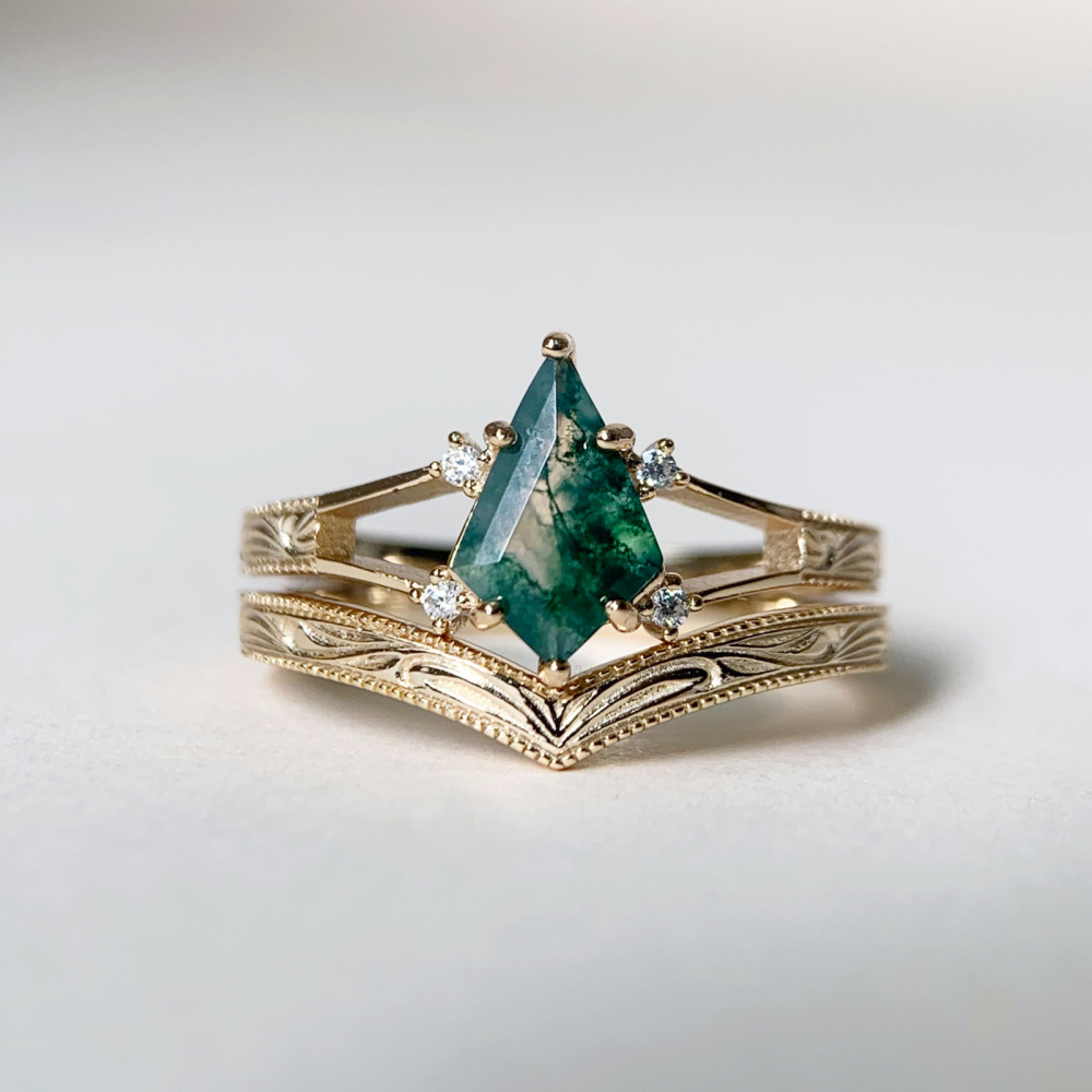 Natural Moss Agate Engagement Ring Set Gold Vintage Promise Rings Unique Kite Cut Gemstone Anniversary Jewelry gift for Women 10k 14k 18k Solid Gold
