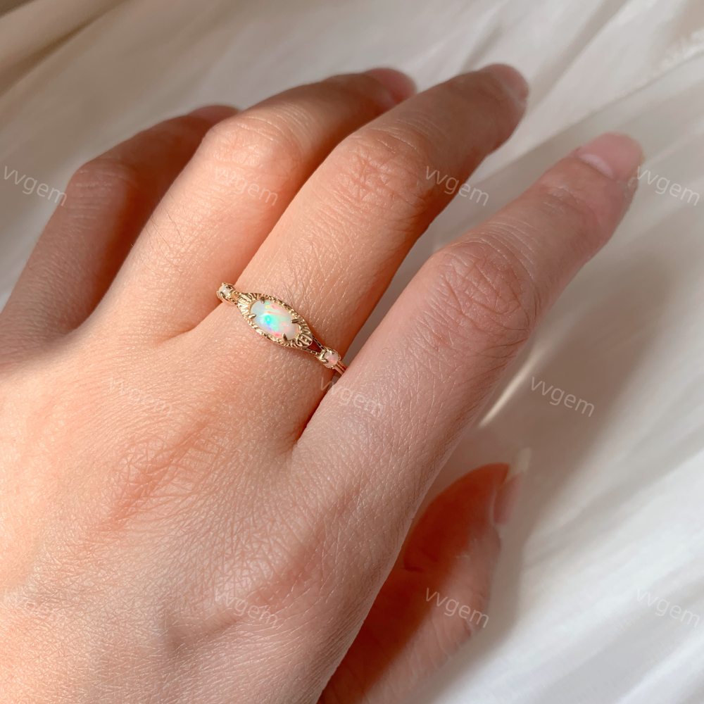 Vintage Opal Engagement Ring, Gold Plated Opal Ring, Three Stone Fire Opal Ring, Dainty Opal Band Ring, Oval October Birthstone Ring 10K 14K 18K Solid Gold