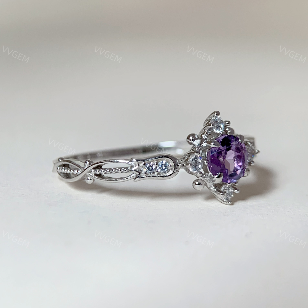 Blue Sandstone Promise Ring Sterling Silver Amethyst Wedding Rings Vintage CZ Halo Ring for Women February Birthstone Anniversary Jewelry 10k 14k 18k Solid Gold Christmas Gift