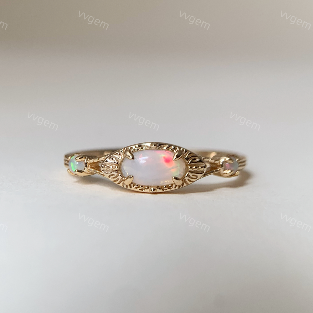Vintage Opal Engagement Ring, Gold Plated Opal Ring, Three Stone Fire Opal Ring, Dainty Opal Band Ring, Oval October Birthstone Ring 10K 14K 18K Solid Gold