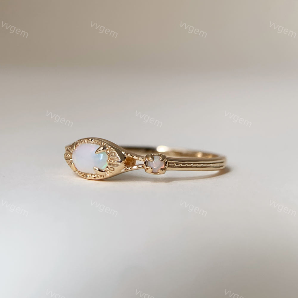 Vintage Opal Engagement Ring, Gold Plated Opal Ring, Three Stone Fire Opal Ring, Dainty Opal Band Ring, Oval October Birthstone Ring 10K 14K 18K Solid Gold