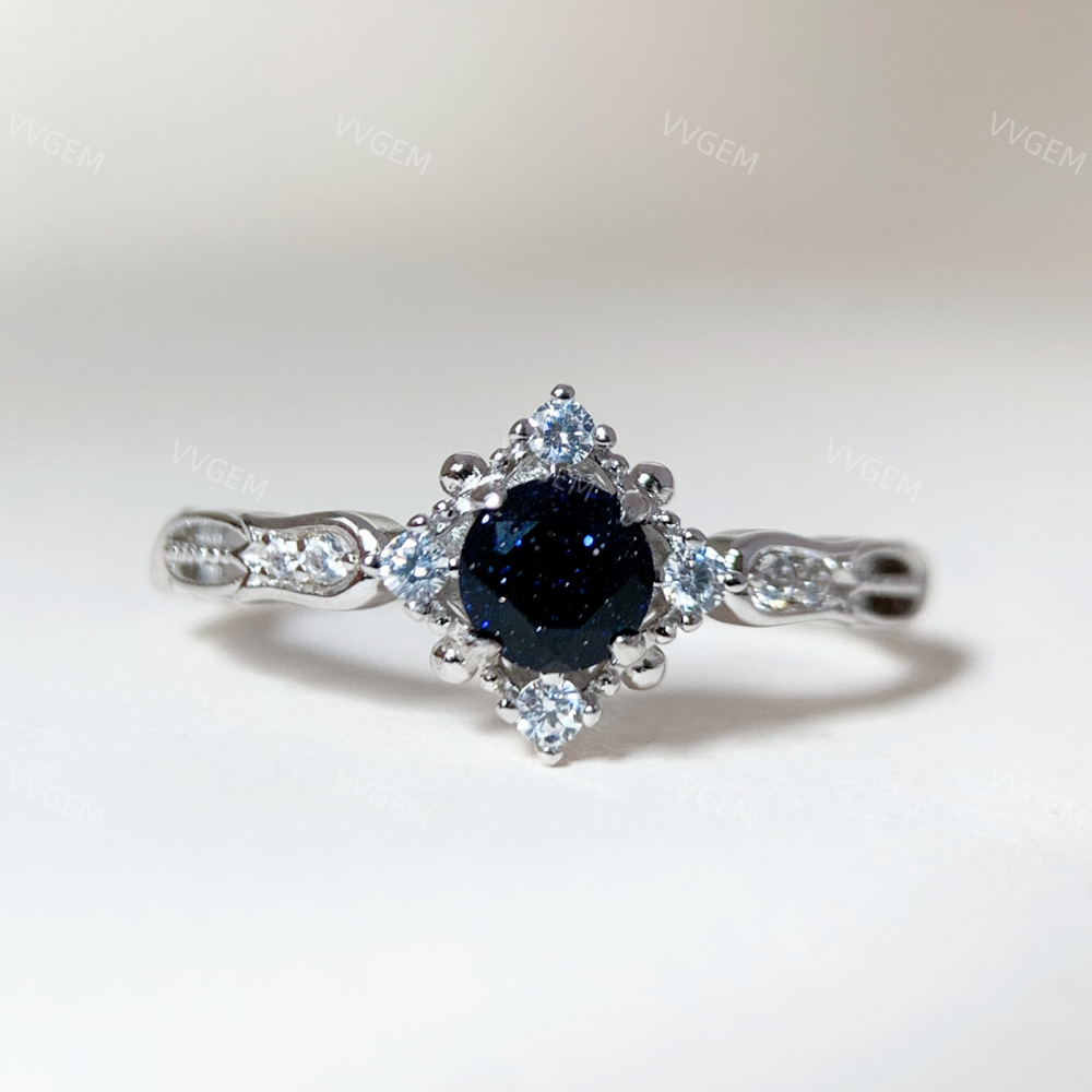 Blue Sandstone Promise Ring Sterling Silver Amethyst Wedding Rings Vintage CZ Halo Ring for Women February Birthstone Anniversary Jewelry 10k 14k 18k Solid Gold Christmas Gift