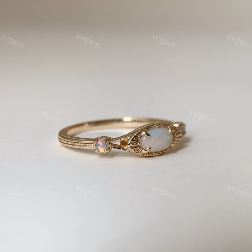 Vintage Opal Engagement Ring, Gold Plated Opal Ring, Three Stone Fire Opal Ring, Dainty Opal Band Ring, Oval October Birthstone Ring 10K 14K 18K Solid Gold