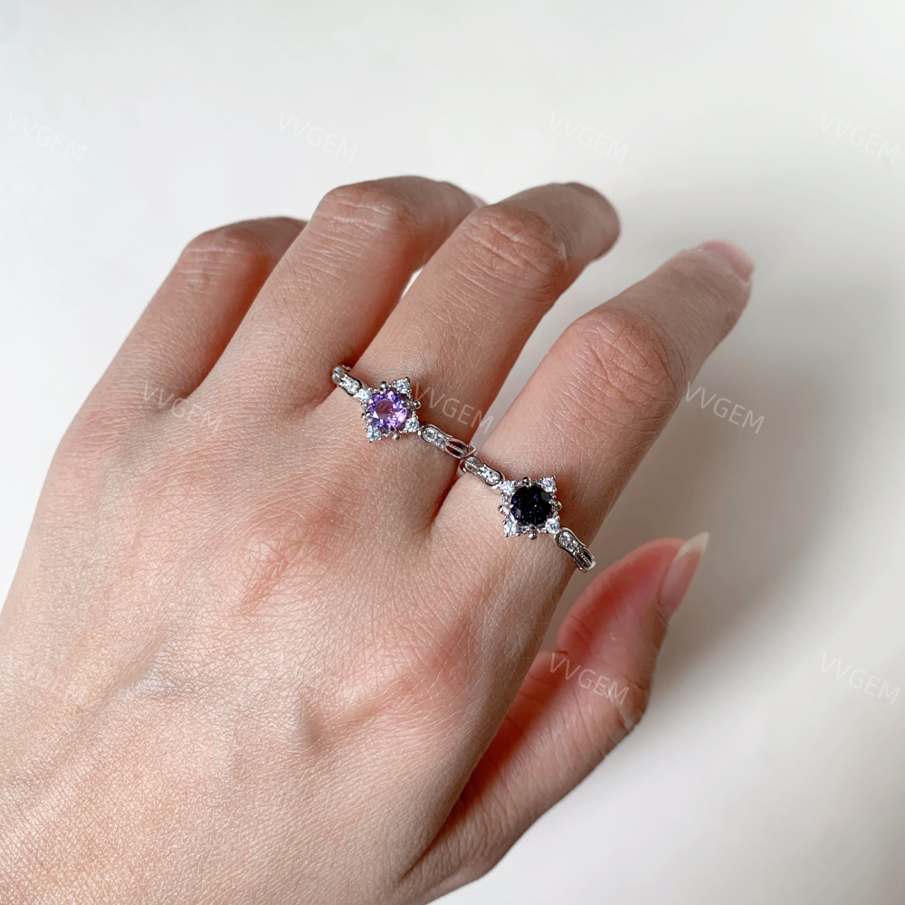 Blue Sandstone Promise Ring Sterling Silver Amethyst Wedding Rings Vintage CZ Halo Ring for Women February Birthstone Anniversary Jewelry 10k 14k 18k Solid Gold Christmas Gift