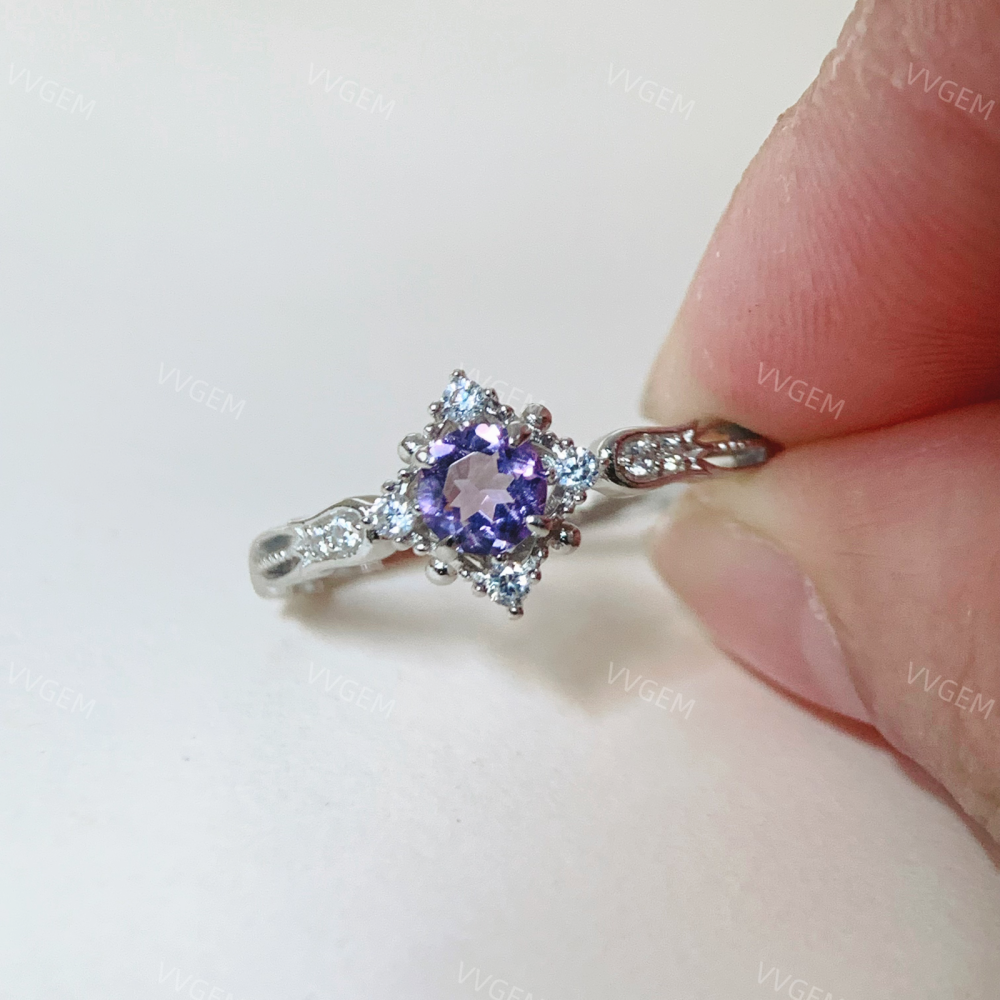 Blue Sandstone Promise Ring Sterling Silver Amethyst Wedding Rings Vintage CZ Halo Ring for Women February Birthstone Anniversary Jewelry 10k 14k 18k Solid Gold Christmas Gift