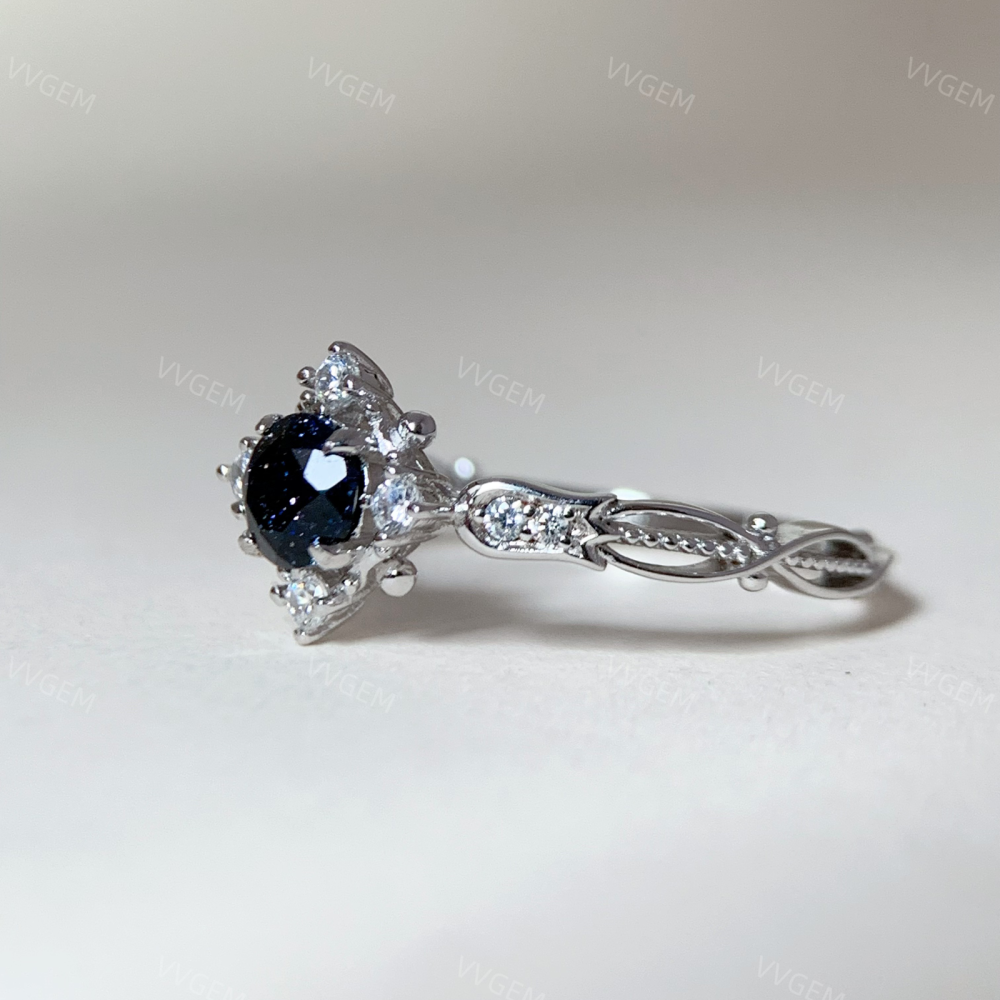 Blue Sandstone Promise Ring Sterling Silver Amethyst Wedding Rings Vintage CZ Halo Ring for Women February Birthstone Anniversary Jewelry 10k 14k 18k Solid Gold Christmas Gift