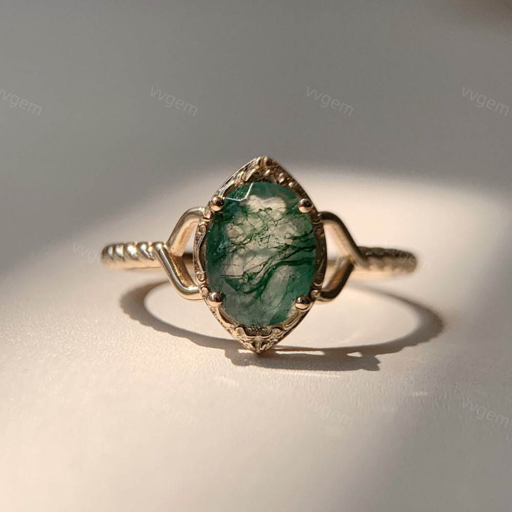 Moss Agate Engagement Ring Vintage Unique Gold Plated 925 Sterling Silver Solitaire Rings Twisted Bands Promise Anniversary Jewelry for Women