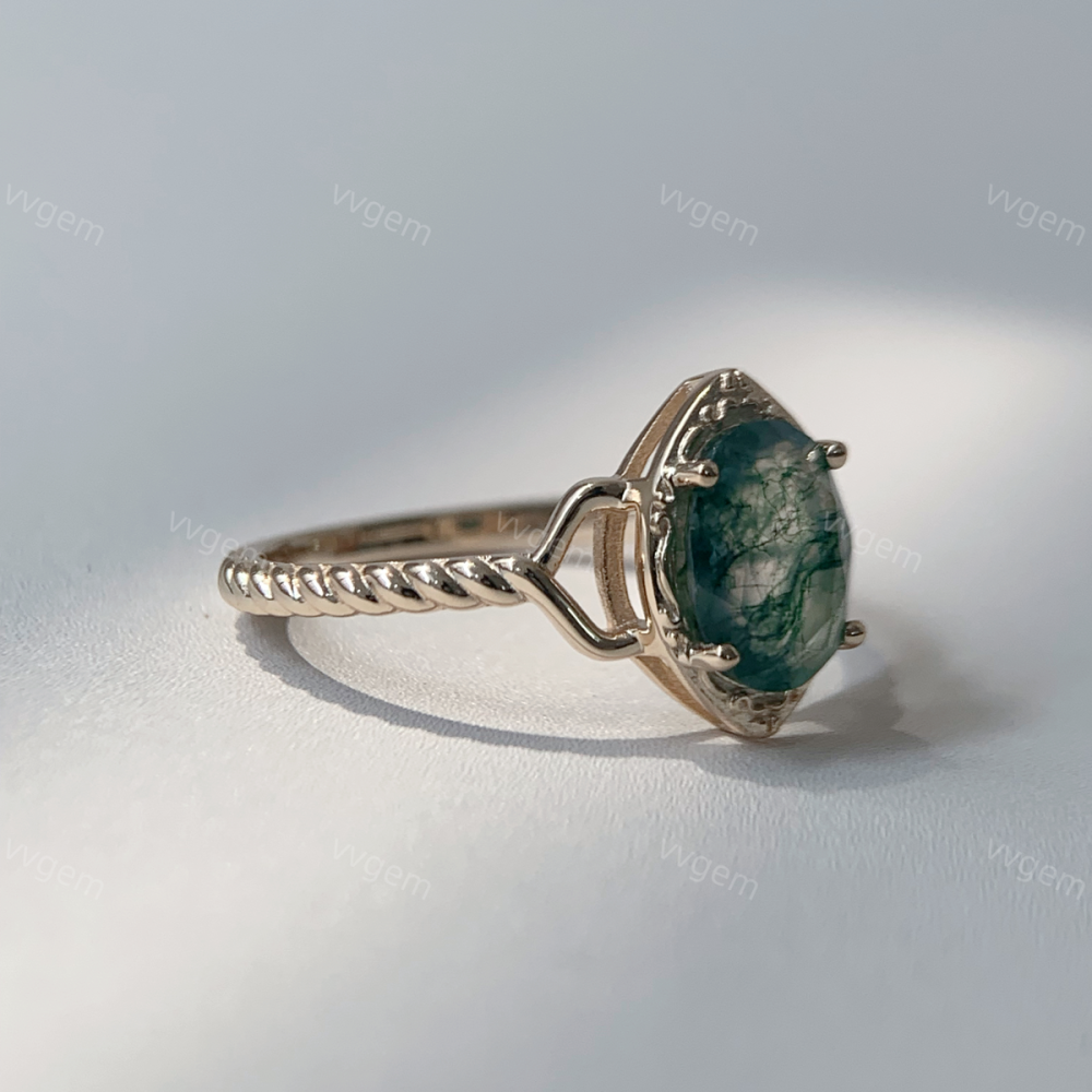 Moss Agate Engagement Ring Vintage Unique Gold Plated 925 Sterling Silver Solitaire Rings Twisted Bands Promise Anniversary Jewelry for Women