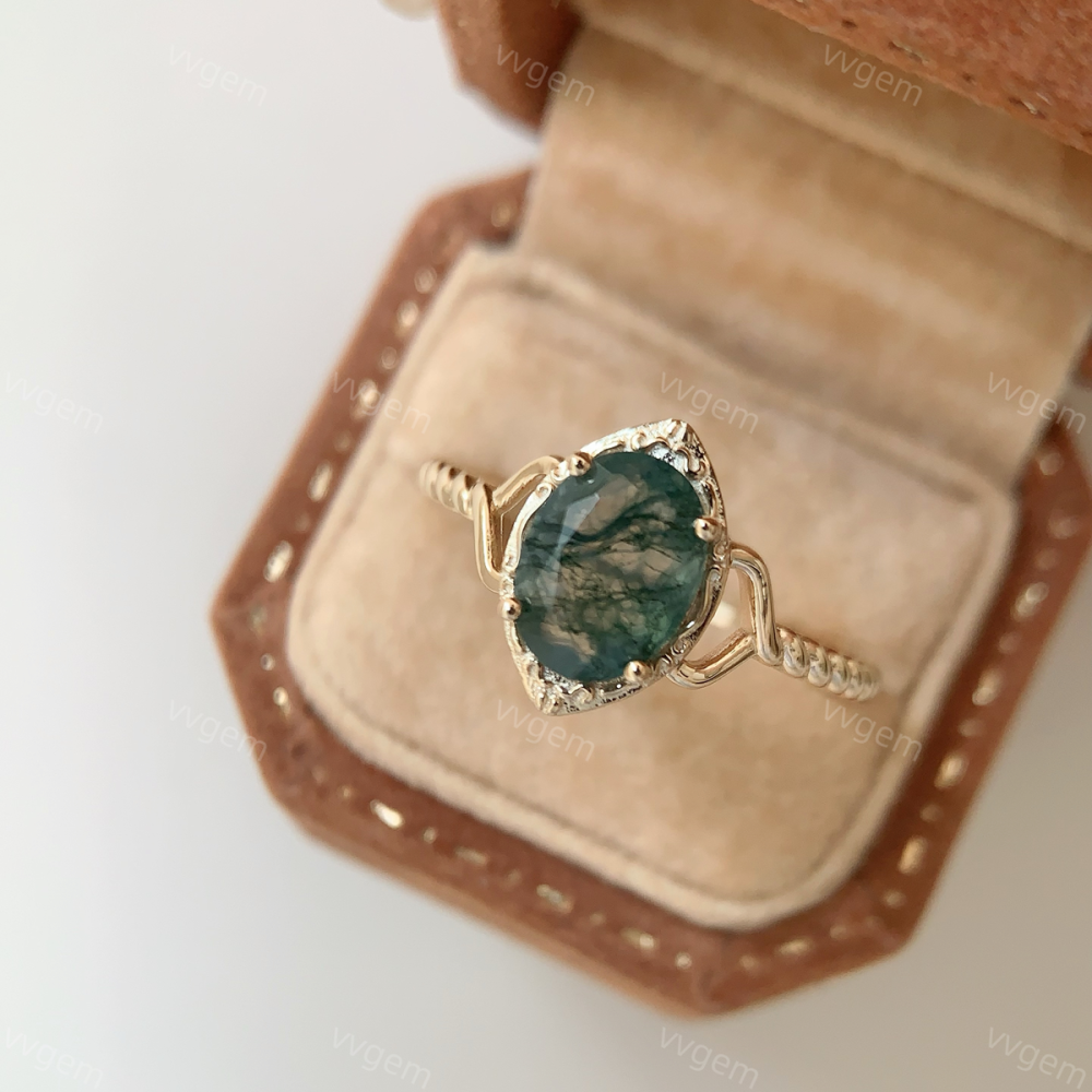 Moss Agate Engagement Ring Vintage Unique Gold Plated 925 Sterling Silver Solitaire Rings Twisted Bands Promise Anniversary Jewelry for Women