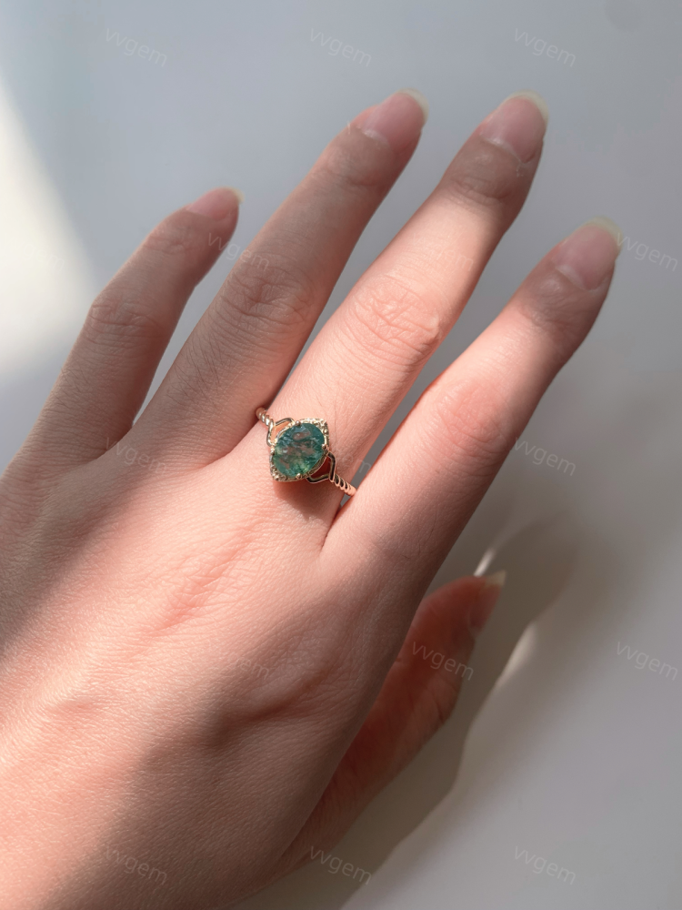 Moss Agate Engagement Ring Vintage Unique Gold Plated 925 Sterling Silver Solitaire Rings Twisted Bands Promise Anniversary Jewelry for Women