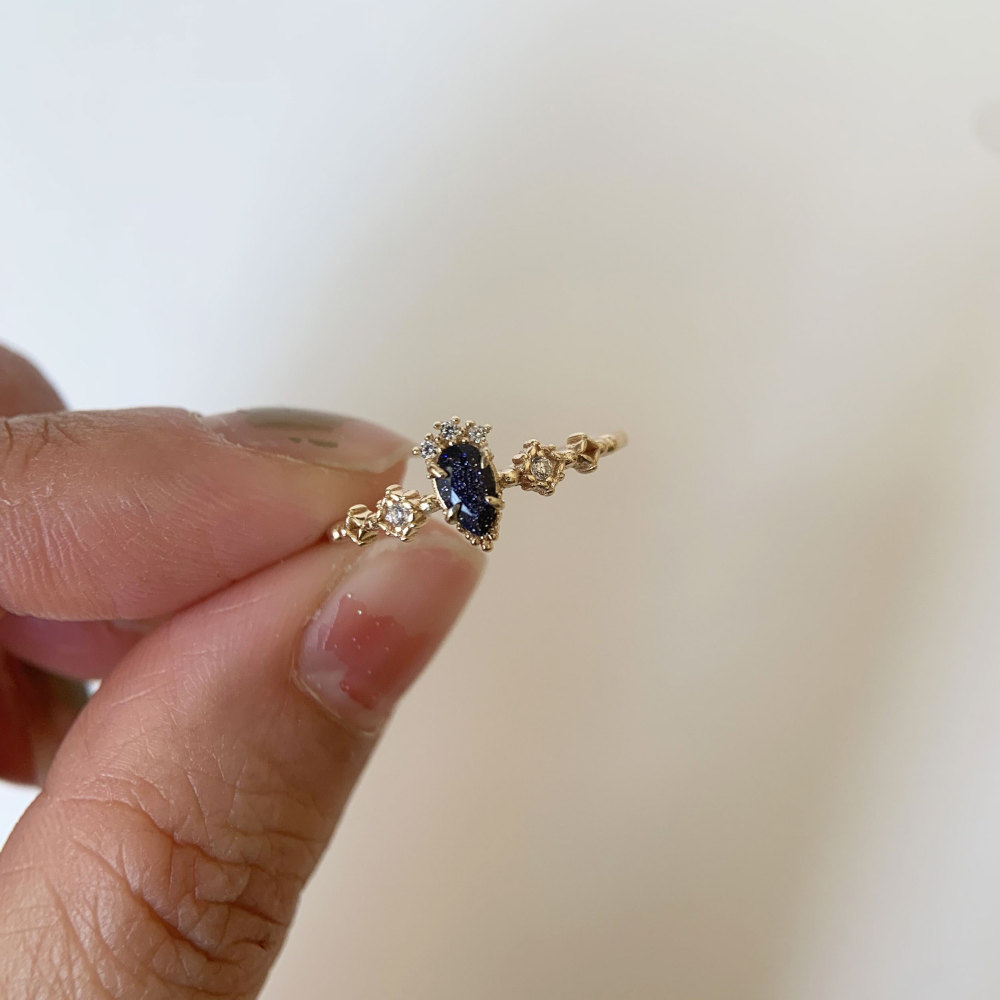 Vintage Blue Sandstone Ring Gold Plated Pear Cut Promise Engagement Wedding Rings Unique Dainty Galaxy Gemstone Jewelry