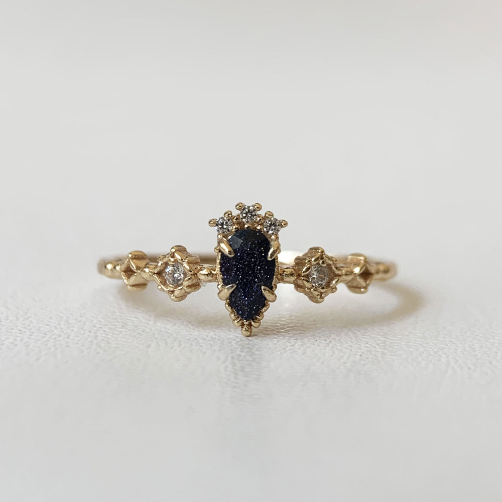 Vintage Blue Sandstone Ring Gold Plated Pear Cut Promise Engagement Wedding Rings Unique Dainty Galaxy Gemstone Jewelry