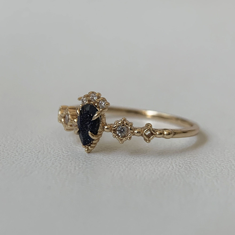 Vintage Blue Sandstone Ring Gold Plated Pear Cut Promise Engagement Wedding Rings Unique Dainty Galaxy Gemstone Jewelry