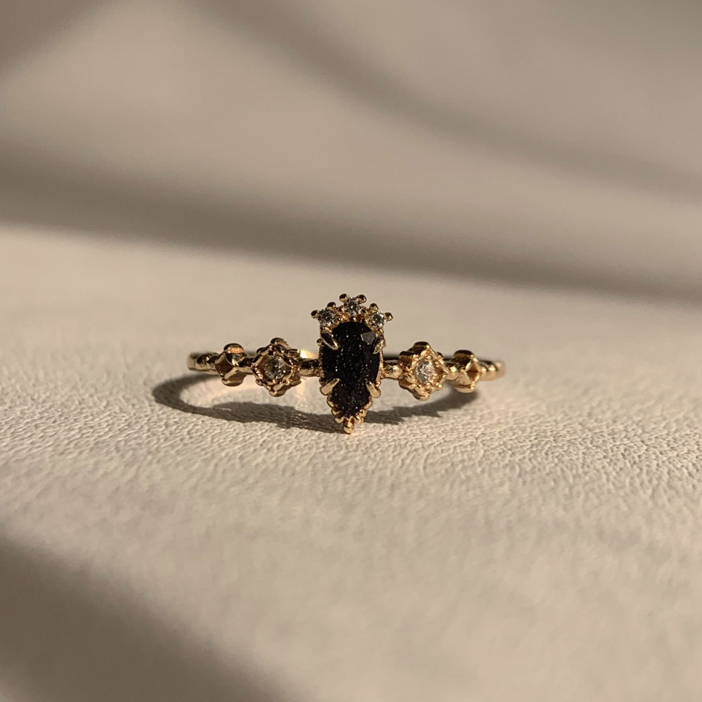Vintage Blue Sandstone Ring Gold Plated Pear Cut Promise Engagement Wedding Rings Unique Dainty Galaxy Gemstone Jewelry