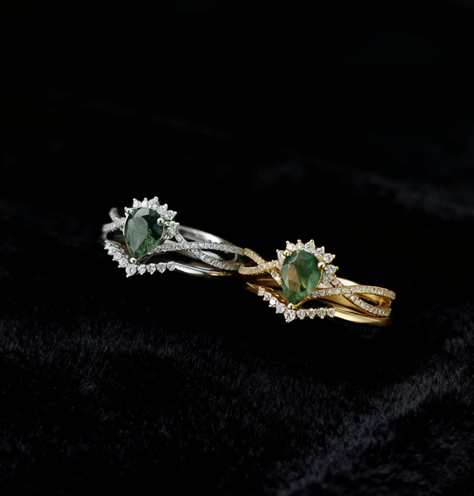 Moss Agate Engagement Ring Set Gold Pear Cut Natural Gemstone Twisted Sterling Silver Rings Cubic Zirconia Wedding Promise Anniversary Jewelry gift for Women