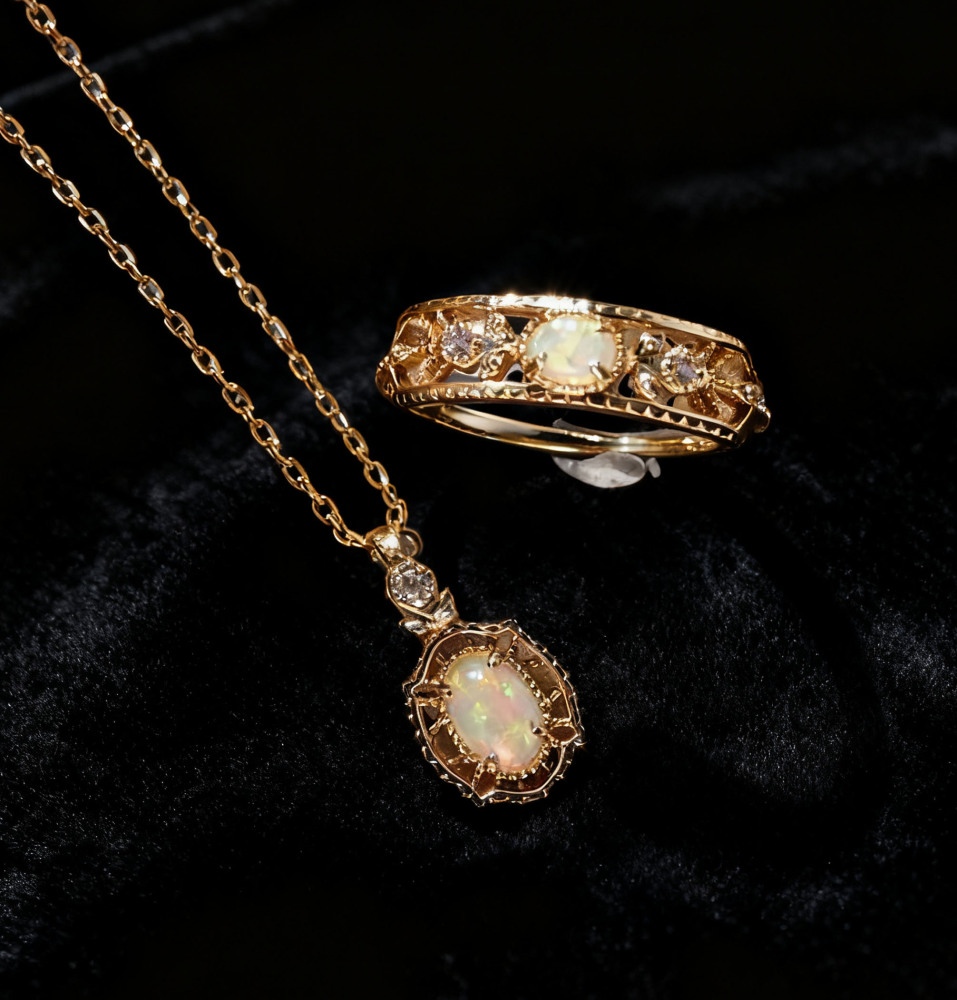 Vintage Opal Necklace Gold Dainty Oval Natural Opal Ring Sterling Silver Cubic Zirconia Floral October Birthstone Jewelry Set Unique Anniversary Gift