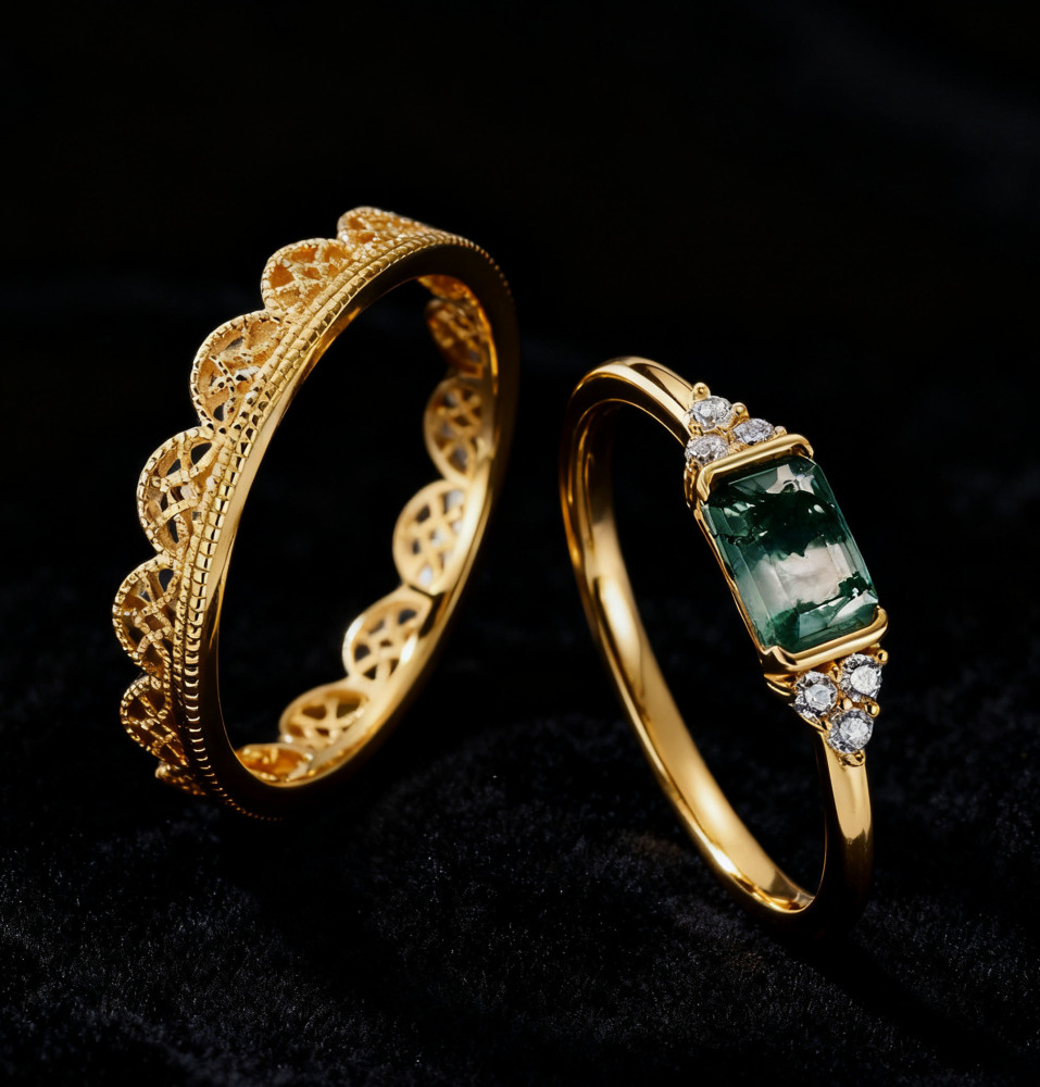 Moss Agate Engagement Ring Set Gold Baguette Cut Natural Gemstone Wave Gold Rings Cubic Zirconia Lace Wedding Band Promise Anniversary Jewelry gift for Women