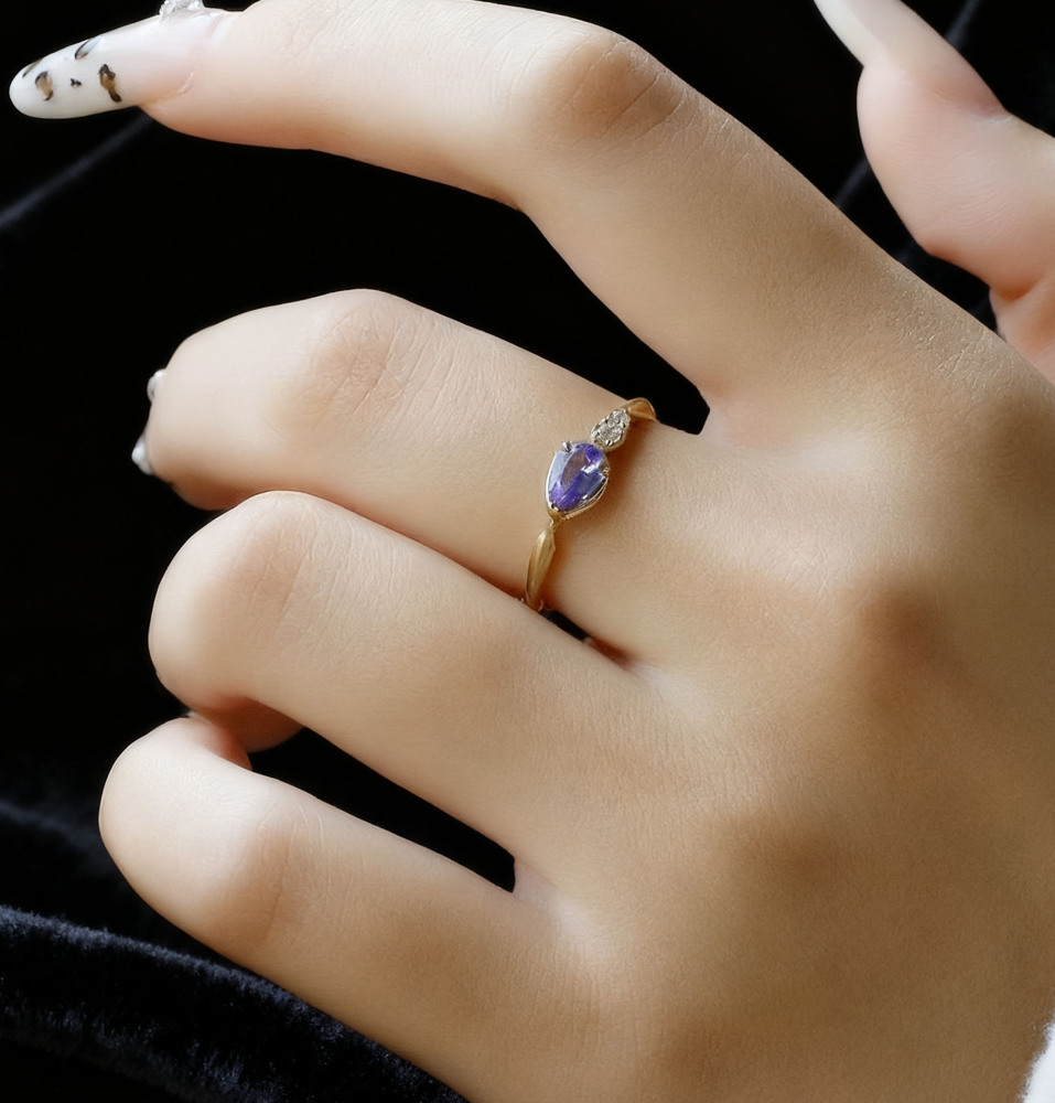 Pear Cut Natural Tanzanite Promise Ring Gold Cubic Zirconia Rings Dainty Unique Engagement Anniversary Jewelry gift for Women