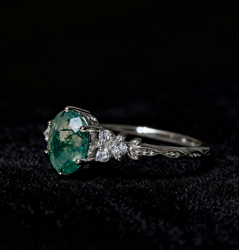 Round Moss Agate Engagement Ring Vintage Gold Gemstone Promise Rings Wedding Anniversary Natural Unique Jewelry Gift for Women