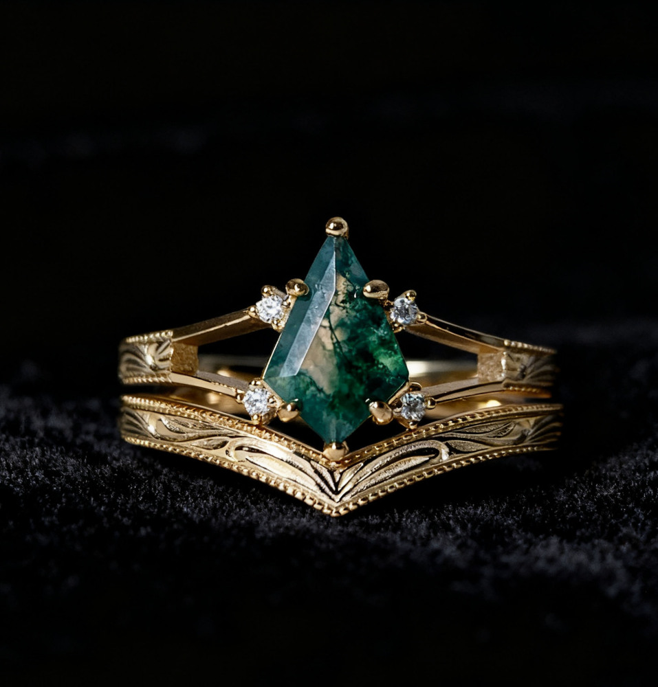 Natural Moss Agate Engagement Ring Set Gold Vintage Promise Rings Unique Kite Cut Gemstone Anniversary Jewelry gift for Women 10k 14k 18k Solid Gold