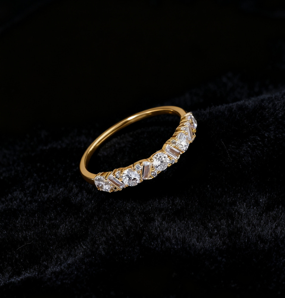 14K Gold Plated Wedding Band for Women Thin Stacking Ring Half Cubic Zirconia Eternity Engagement Ring Size 5-8