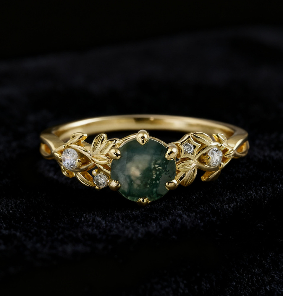 Round Moss Agate Engagement Ring Vintage Unique 925 Sterling Silver Gold Plated Filigree Floral Promise Rings Wedding Anniversary Jewelry Gift for Women