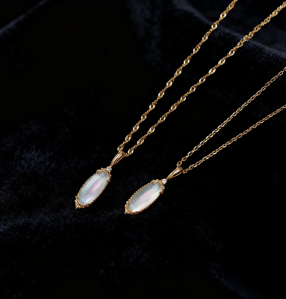Dainty White Crystal Necklace Gold Plated Long Oval Natural Mother of Pearl Necklace Sterling Silver Double Unique Necklaces Wedding Valentine Anniversary Gift for Women