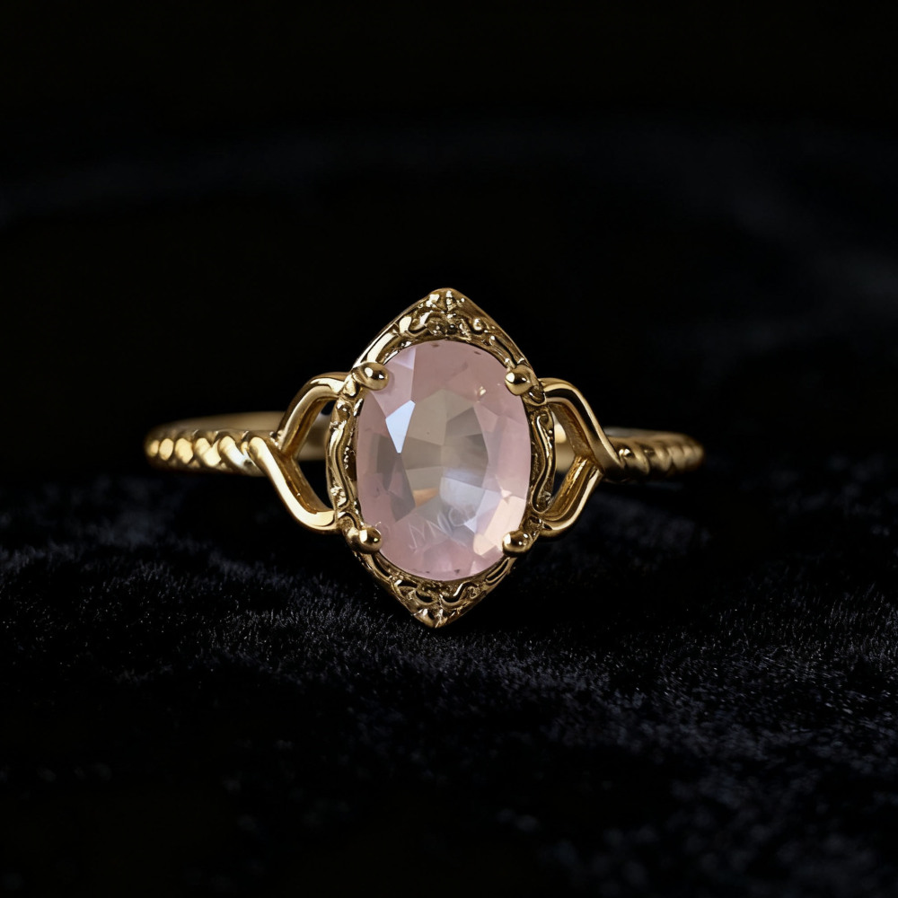 Natural Rose Quartz Ring Gold Oval Pink Crystal Engagement Rings Vintage Solitaire Wedding Anniversary Valentine's Day Christmas Jewelry Gift