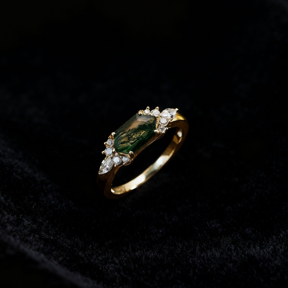 Hexagon Moss Agate Engagement Ring Vintage Unique 925 Sterling Silver Gold Plated East West Rings Promise Wedding Anniversary Jewelry Gift for Women