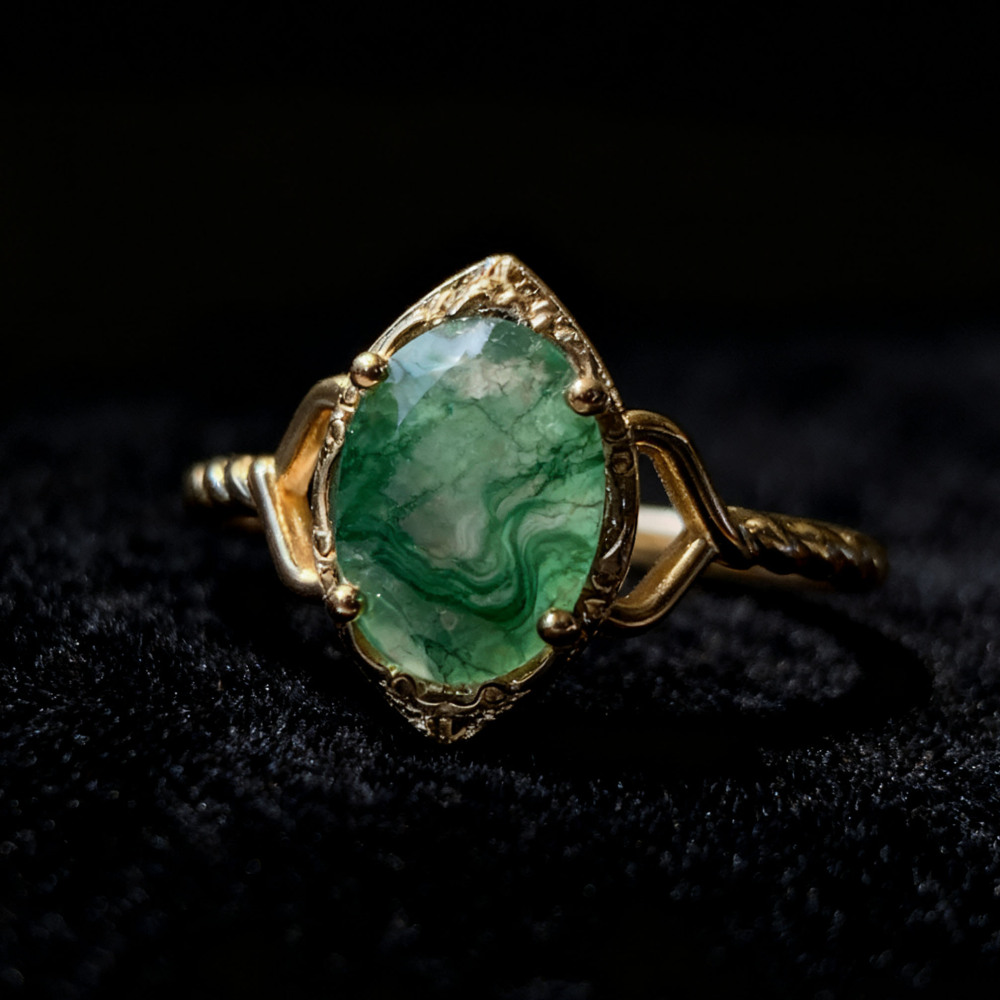 Moss Agate Engagement Ring Vintage Unique Gold Plated 925 Sterling Silver Solitaire Rings Twisted Bands Promise Anniversary Jewelry for Women