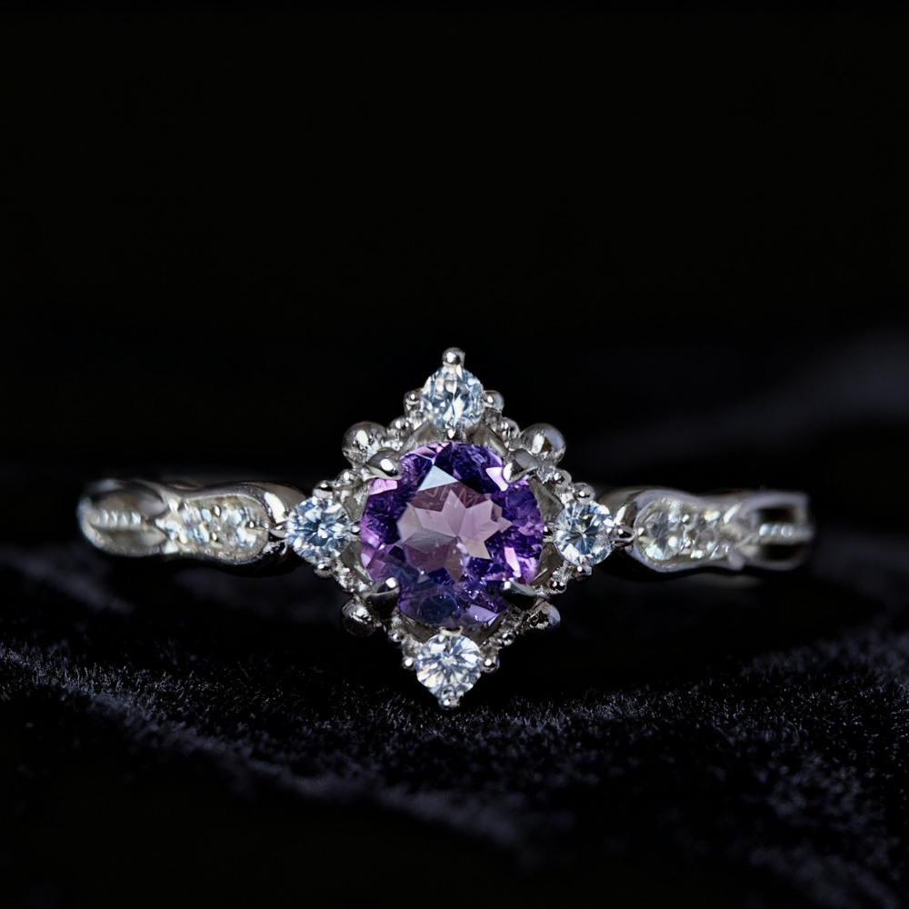 Amethyst Promise Ring Sterling Silver Blue Sandstone Wedding Rings Vintage CZ Halo Ring for Women February Birthstone Anniversary Jewelry 10k 14k 18k Solid Gold Christmas Gift