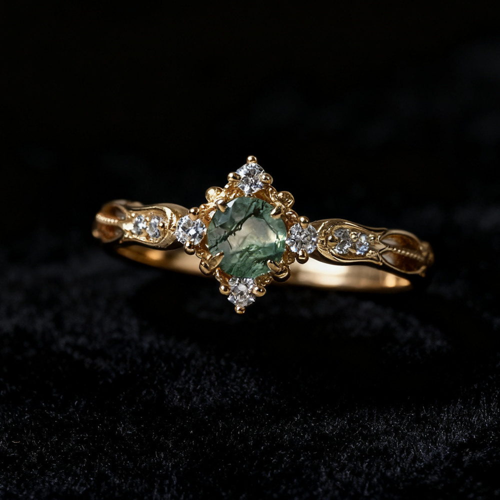 Natural Moss Agate Engagement Ring Gold Vintage Rings Unique Round Gemstone Promise Anniversary Jewelry gift for Women 10k 14k 18k Solid Gold CZ Halo Ring