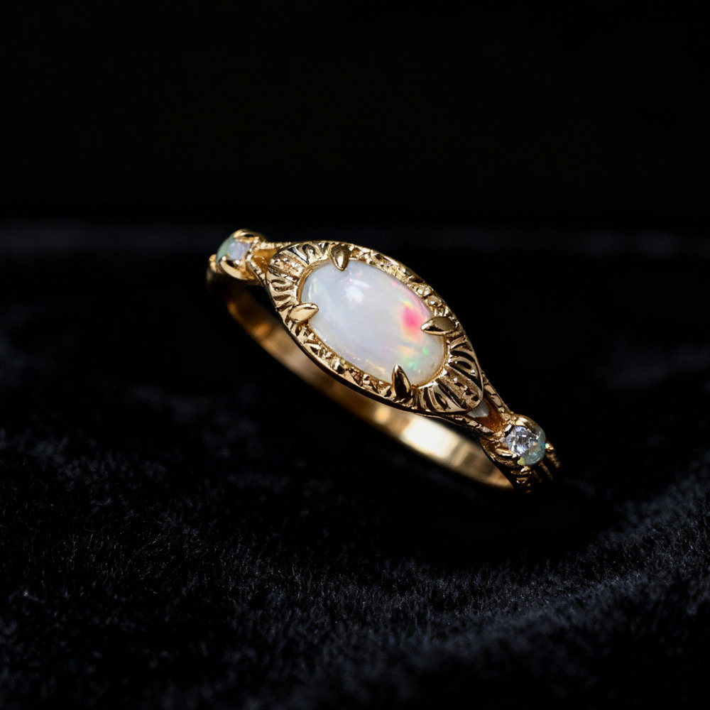 Vintage Opal Engagement Ring, Gold Plated Opal Ring, Three Stone Fire Opal Ring, Dainty Opal Band Ring, Oval October Birthstone Ring 10K 14K 18K Solid Gold