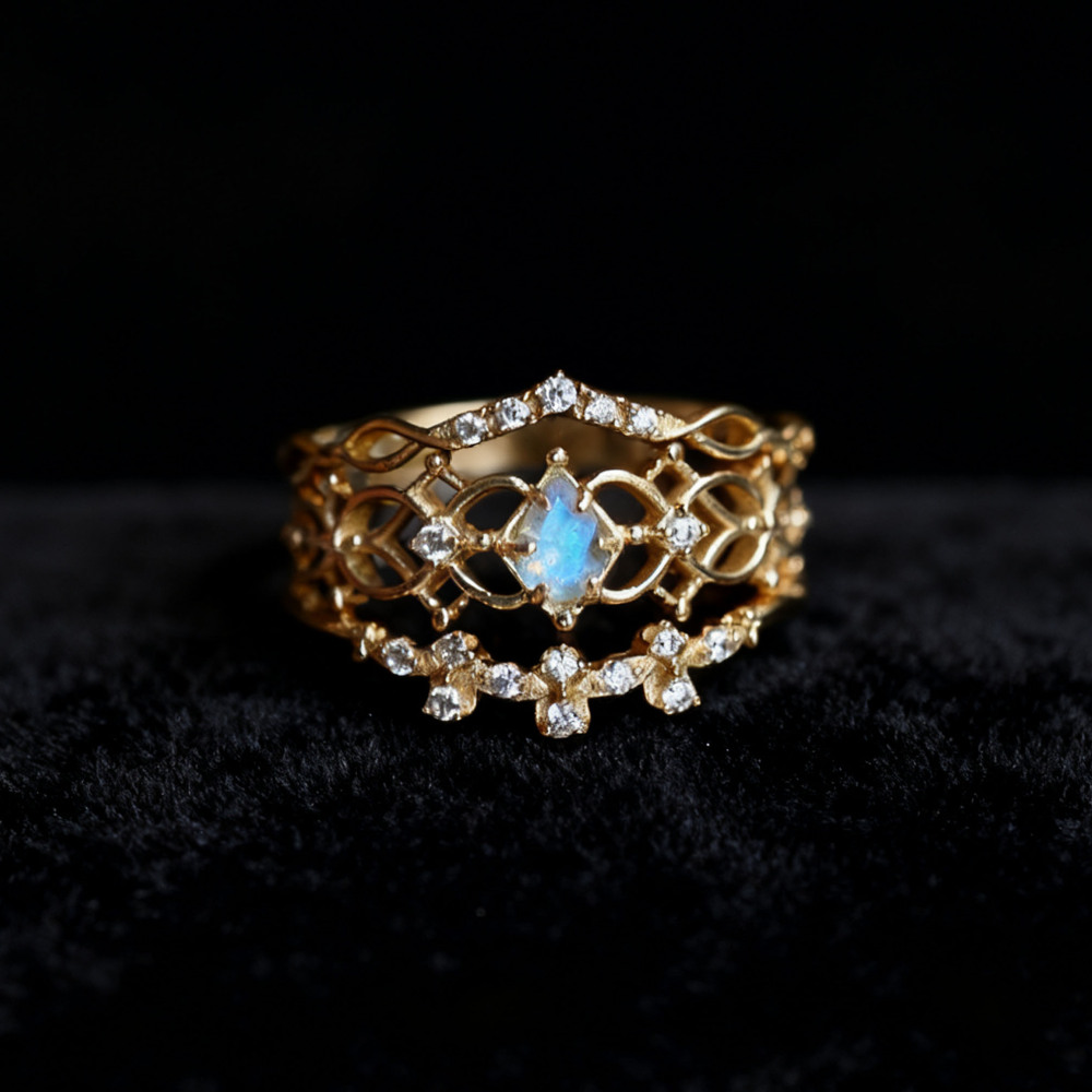 Natural Labradorite Engagement Ring Set Gold Plated 925 Sterling Silver Vintage Unique Promise Anniversary Jewelry gift for Women Antique Bridal Set