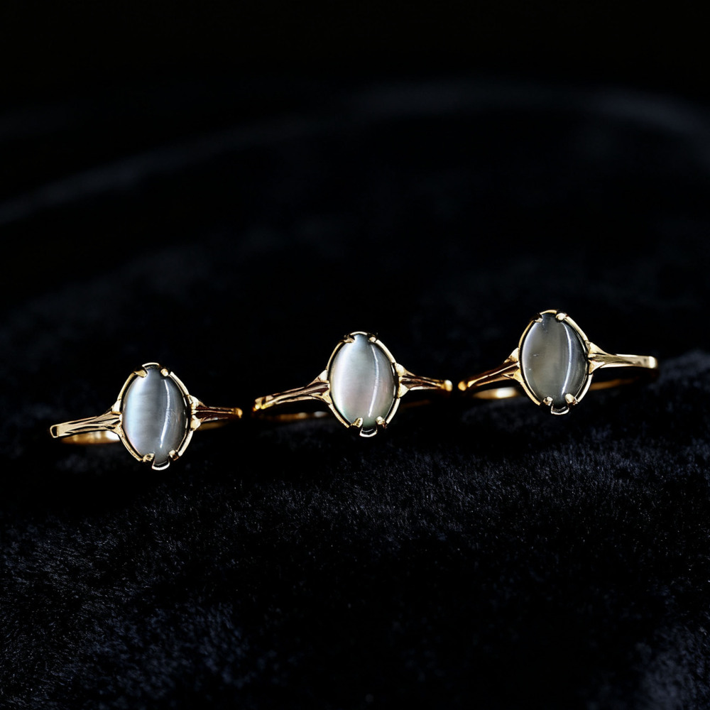 Natural Black Mother of Pearl Mop Shell Crystal Ring,Dainty Vintage Solitaire Rings for Women